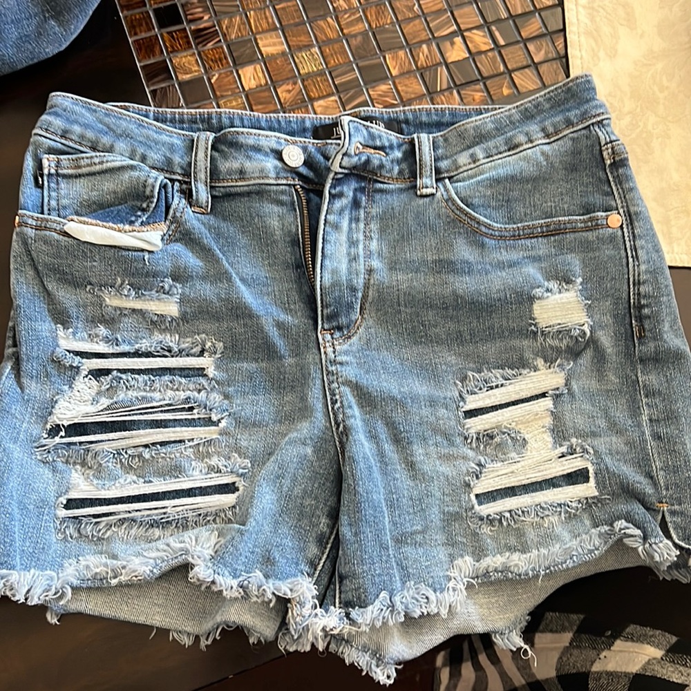 Judy, blue distressed, jeans, shorts, size large, like new